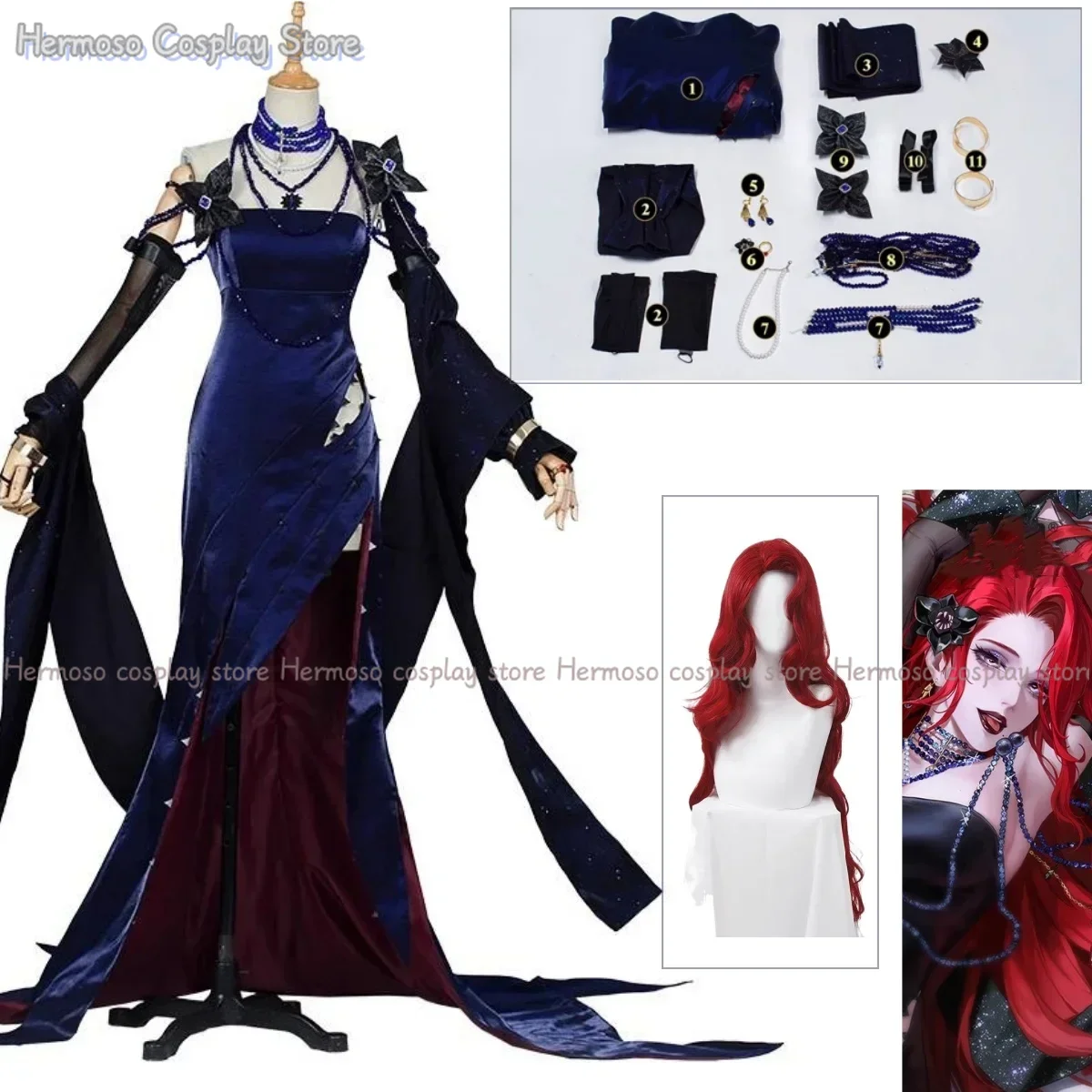 Path to Nowhere Cabernet Cosplay Costume Long Red Hair Women Evening Dresses Game Suit Wig Halloween Party Role Play Unifrom