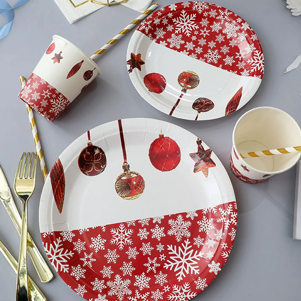 

40 Pcs Festive Paper Plates Holiday Cups for Party Christmas Themed Tableware White Cardboard and