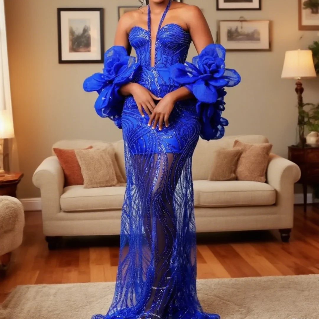 Elegant และ Gorgeous Blue Halter ชุดนางเงือกดอกไม้หรูหราชุดราตรีลูกไม้ Cutout งานแต่งงานพรหมชุดที่กําหนดเอง