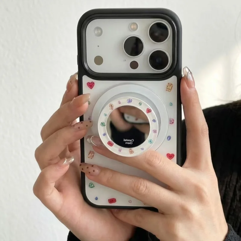 

Korean Gemstone Makeup Mirror For Magsafe Griptok Holder Phone Finger Ring Stand Support For iPhone 16 Girl Bracket