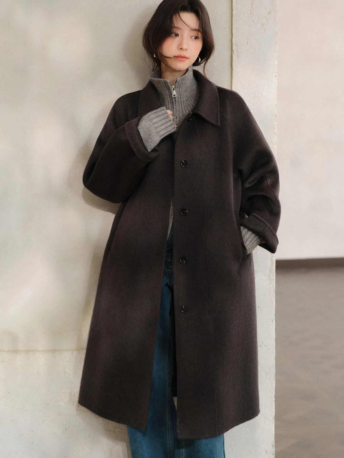 Vintage Wool Coat Women Lady H-Line Long Outerwear Small Lapel Double-Sided Style Petite Friendly Elegant Daily Commuter Jacket