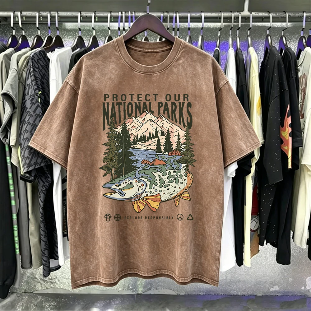 Protect Our National Parks Trout Cotton Washed T-Shirt Women Summer Oversized Tops O-Neck Comfortable Tees Casual Woman Clothes