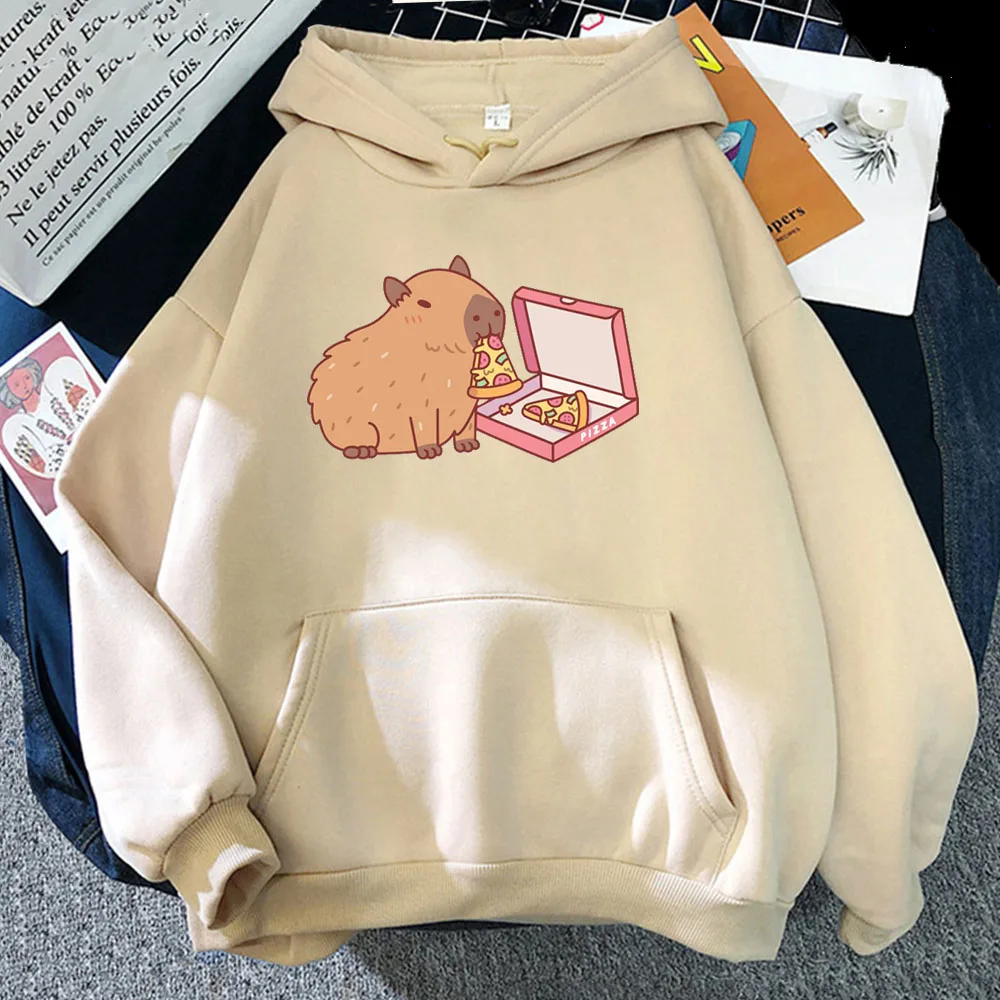 Cartoon Print Harajuku Kawaii Hoodie Anime Print Cute Capybara Eating Pizza Sweatshirt Funko Pop Fleece Clothing Retro Pullovers