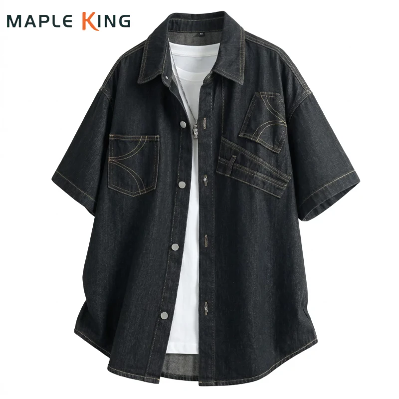 

Vintage Short Sleeve Man Loose Western Cowboy Shirt 2026 Japanese Streetwear Pocket Designer Casual Dress for Men Denim Shirt