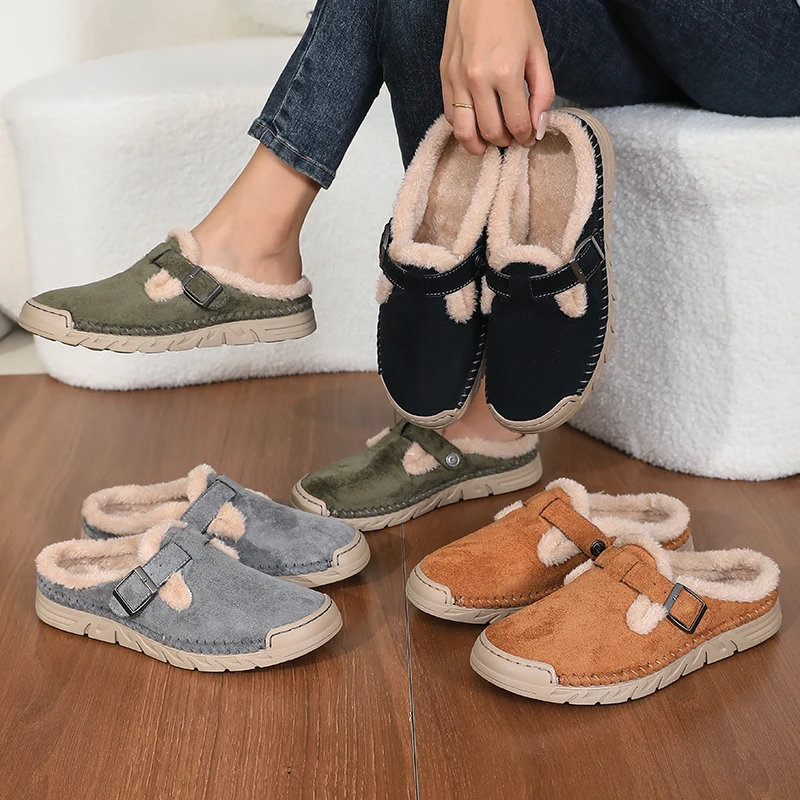 Damenmode Baotou-Slipper Winter Neu Rundkopf Tiefer Schnitt Schnallenverschluss Weiche Sohle Rutschfest Verschleißfest Flache Schuhe – Detail 7