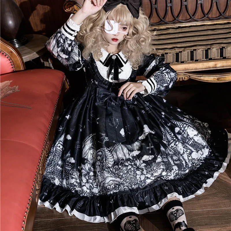 Sukienki Gothic Kawaii Lolita Halloween Anime Party Cosplay Kostiumy Jesienne Urocze Spódniczki Dziewczęce Czarno-Białe Dół Mundurek Szkolny