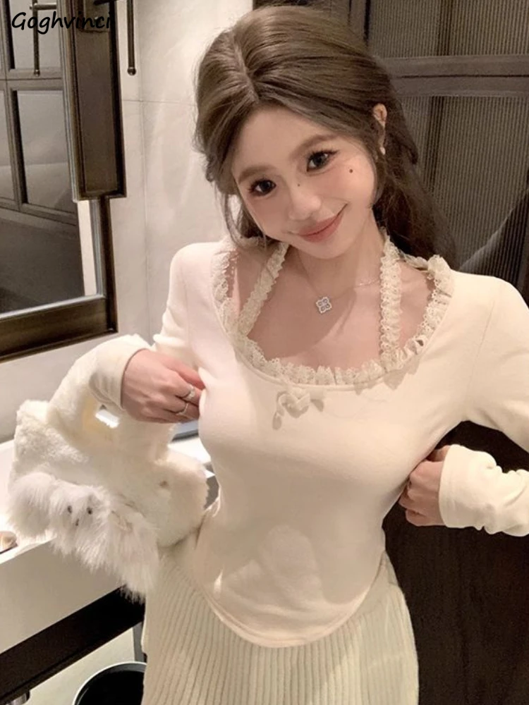 

Однотонные женские футболки с длинным рукавом, приталенный дизайн, американский стиль, милый кружевной бант, весенняя универсальная женская уличная одежда для отдыха, шикарная одежда