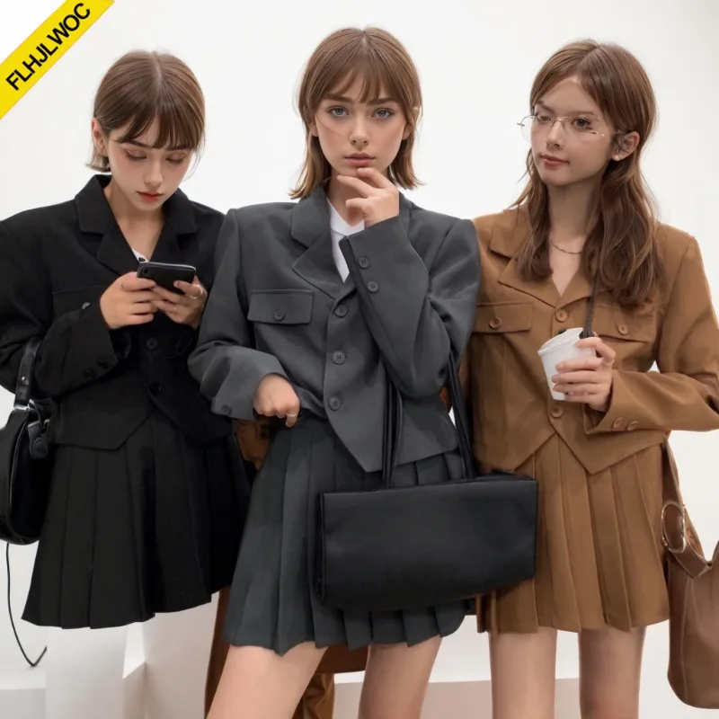 Women Outfits Short Jackets Blazers Sets Chic Korea Japan High Street Cute Sweet Girls Double-Breasted Tops Pleated Skirts Suits