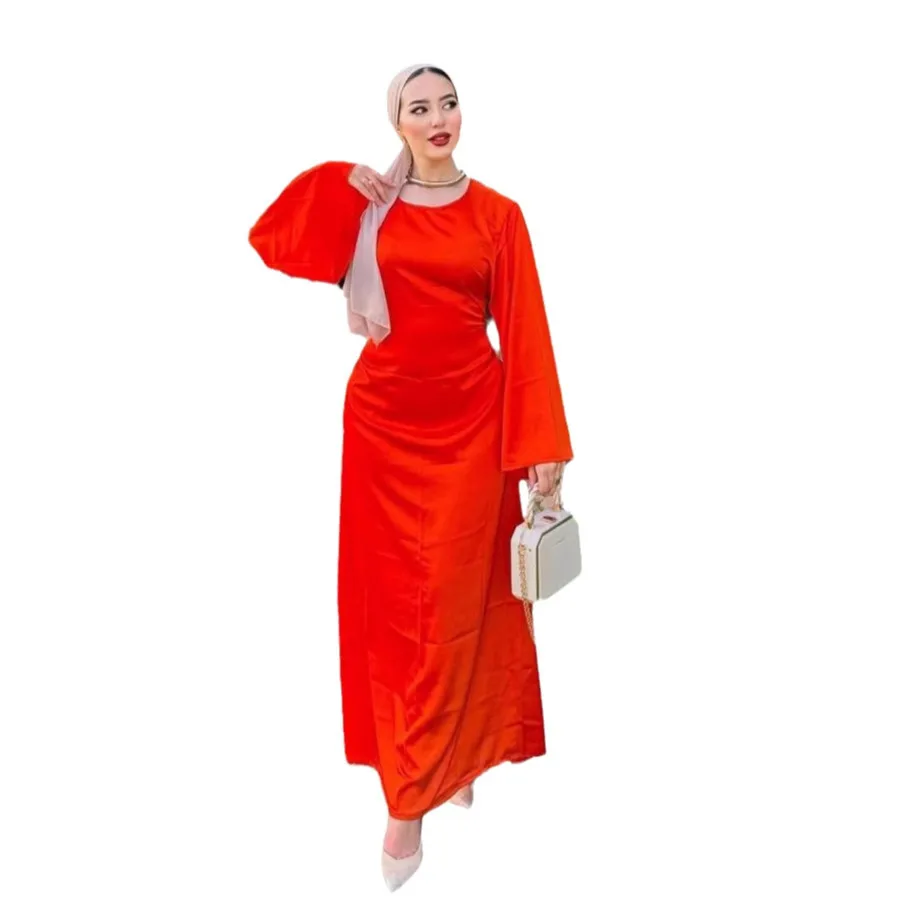 Oriente médio dubai robe robe cross-border roupas femininas cor sólida vestido de cetim amazon comércio exterior outono novo cw64428