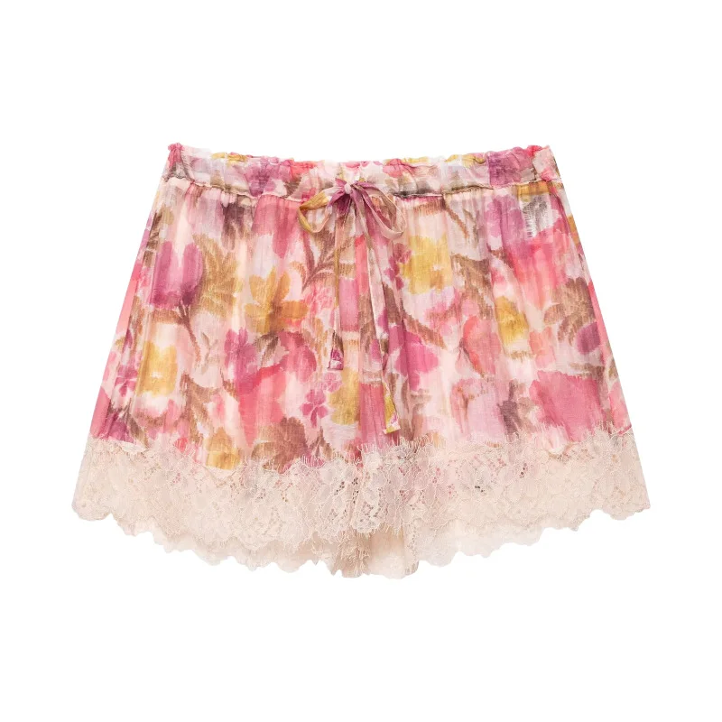 Dave&Di Women's 2026 Summer New Product Elastic Drawstring Waist Flower Printed Lace Shorts