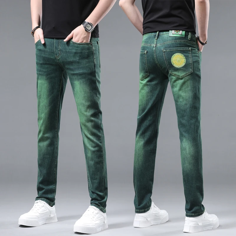 Emerald green jeans for men2024new affordable luxury fashion high-end Korean style fashion elastic slim fit ankle tight trousers