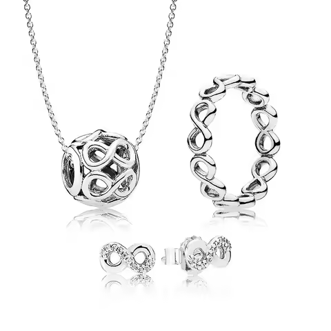 New 925 Sterling Silver Openwork Infinite Love Heart Ring Earring Necklace With Crystal For Women Jewelry Set Birthday Gift