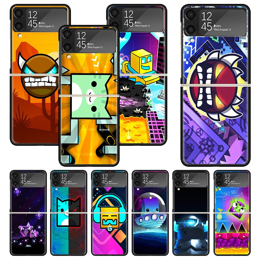 Geometry Dash Game Print Case For Samsung Galaxy Z Flip 3 4 5 5G Black Hard Cell Phone Shell ZFlip3 Flip4 Flip5 Pattern Cover