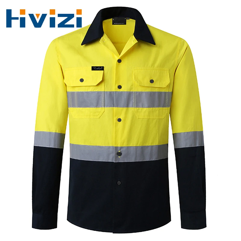 Hi Vis Viz Shirts Safety Construction Workwear Two Tone 100% Cotton Reflective Long Sleeve