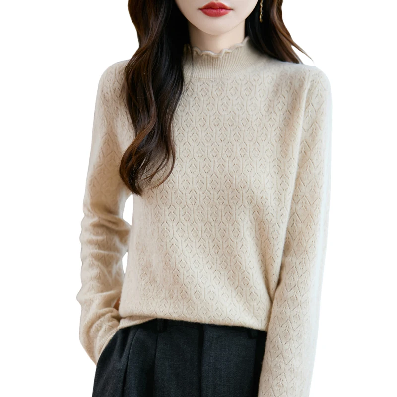 

High Quality Long Sleeve Pullover Knitwear Sweater Autumn And Winter Mock-Neck 100% Merino Wool Soft Warm Female Tops