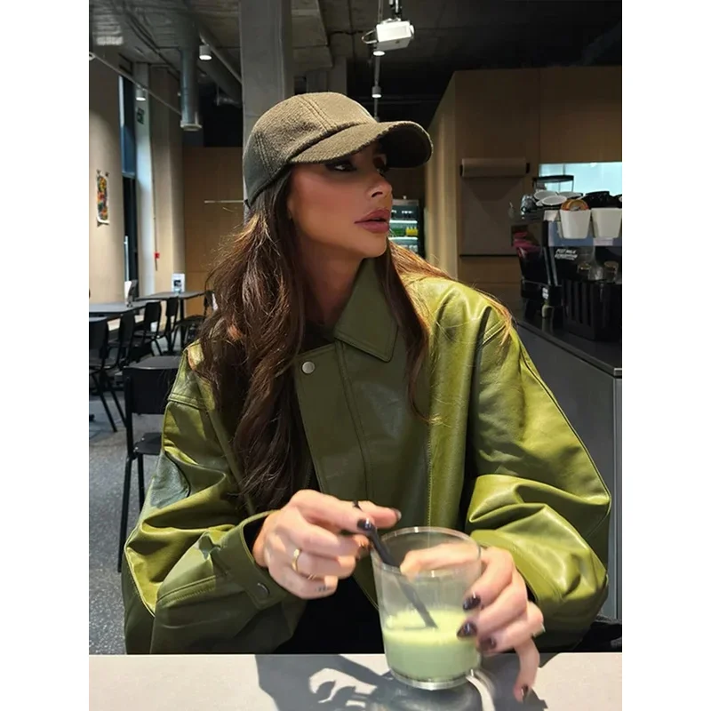 여성용 녹색 PU 가죽 재킷, 라플 지퍼, 루즈 풀 슬리브, 싱글 브레스트 크롭 코트, 2024 뉴 레이디 솔리드 스트리트웨어, 패션