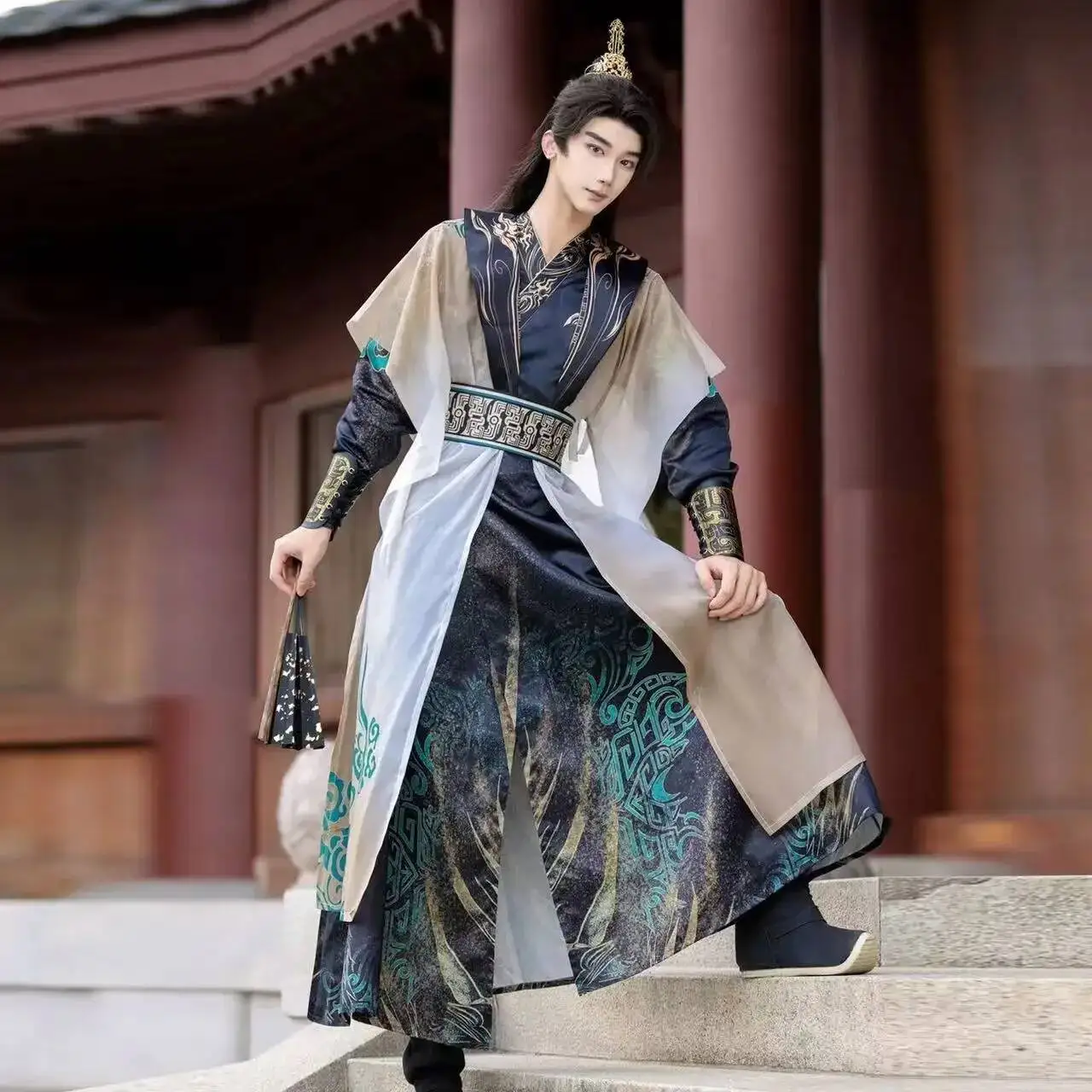 Prince Hanfu Cosplay Costume Traditional Chinese Cross Collar Wuxia Martial Clothing with Ancient Bronze Ware Elements for Men