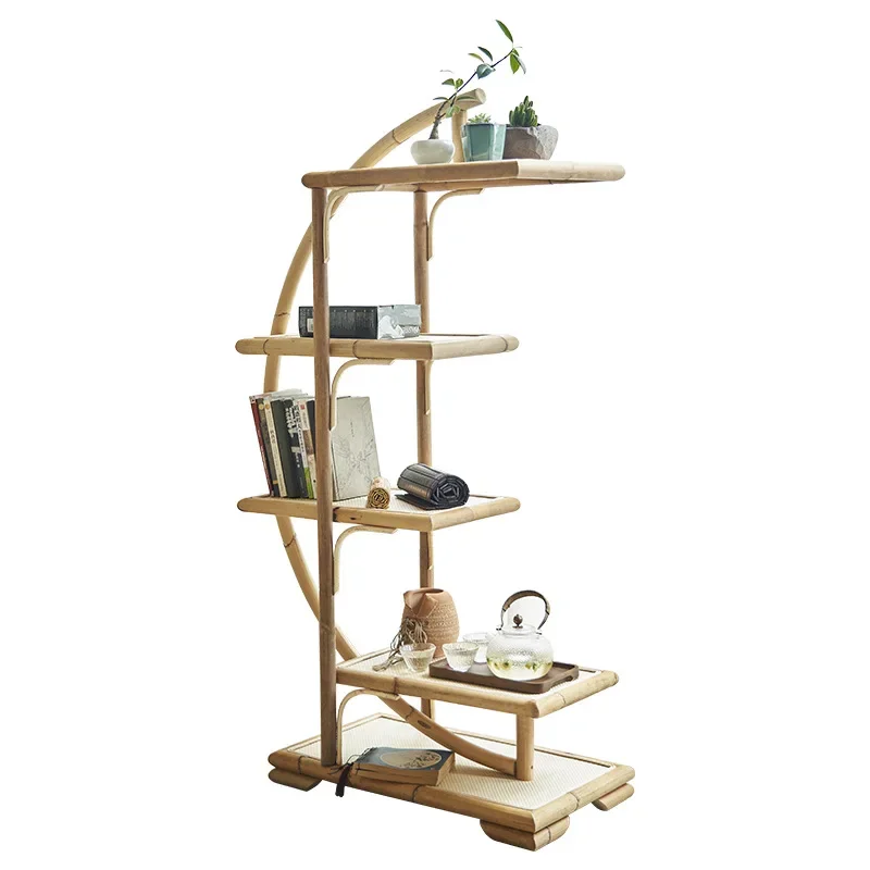 Modern simple rattan multi-layer bookshelf living room storage moon shelf small apartment ins rattan Japanese decorative shelf