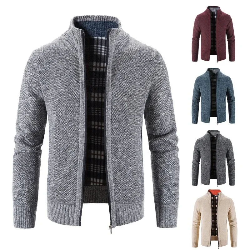 Fashion Men's Knitted Cardigan Winter Fleece Coat Solid Color Stand Collar Winter Warm Sweater Jacket 4XL 8 Colors