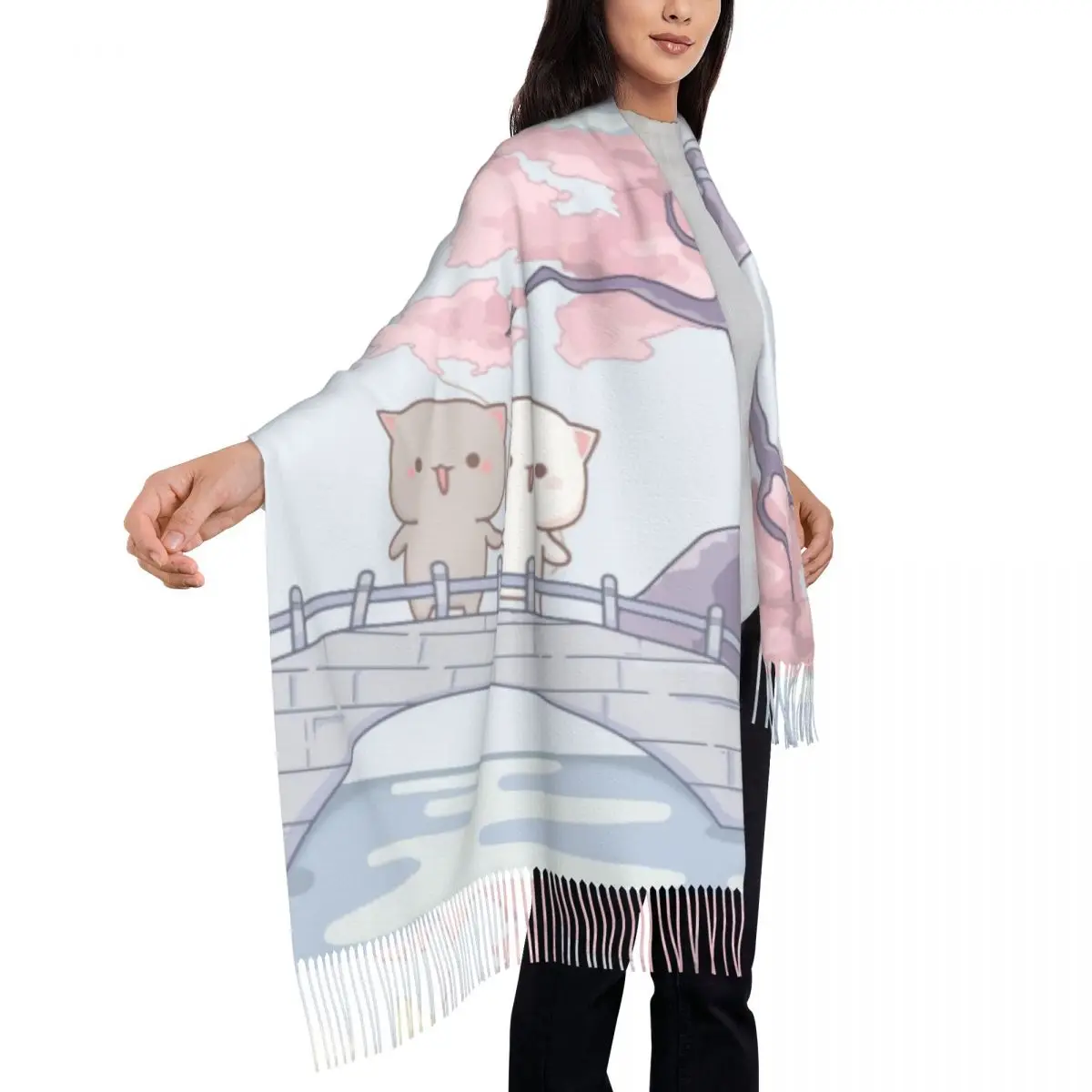 Custom Print Romantic Peach And Goma Mochi Cat Scarf Men Women Winter Fall Warm Scarves Shawl Wrap