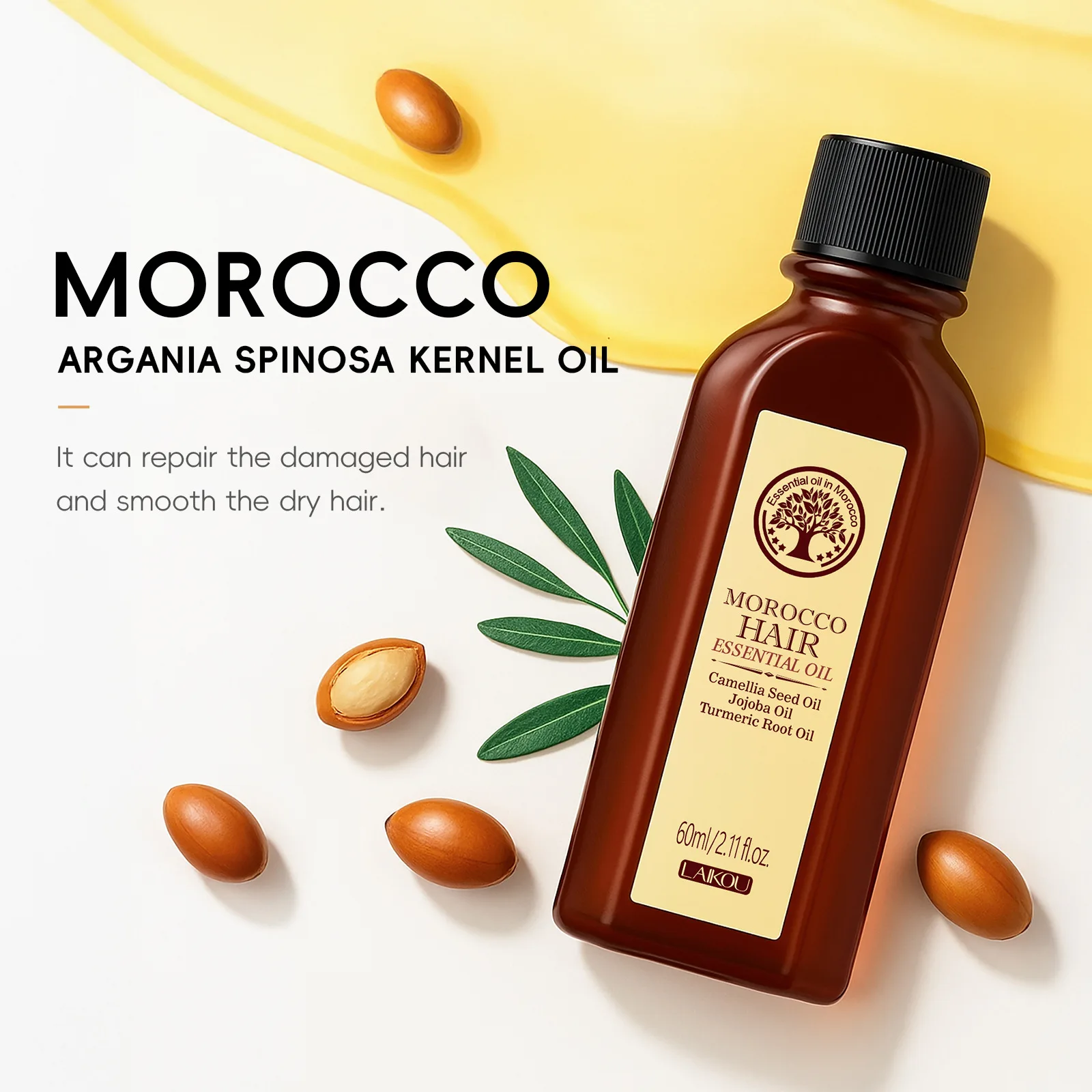 LAIKOU Morocco Hair Essential Oil 60ml Leave In Hair Conditioner Repair Dry Damaged Hair Anti Frizz Smooth Shiny Nourishing Care