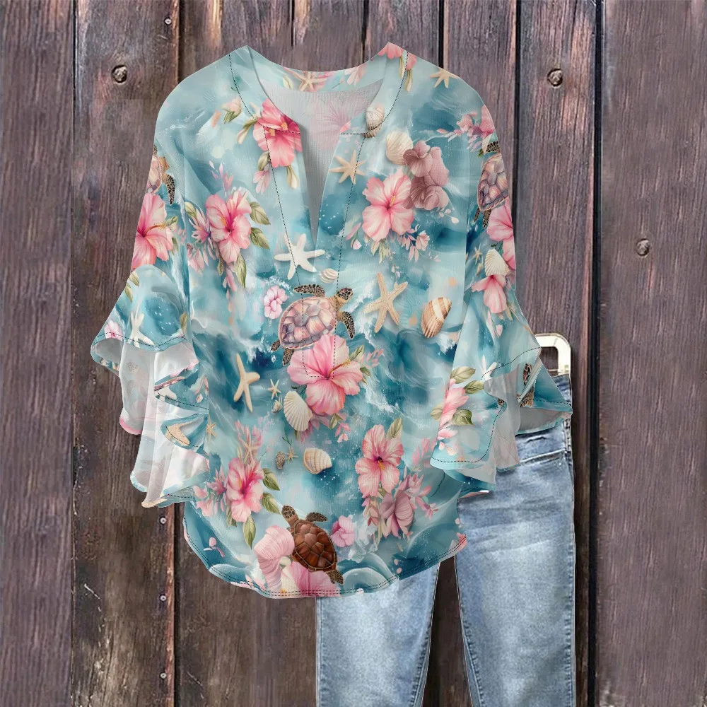 Blusa feminina bolha crepe tropical hibisco & palmeira franjas gola com decote em v mangas babados camisas respiráveis casuais roupas boho