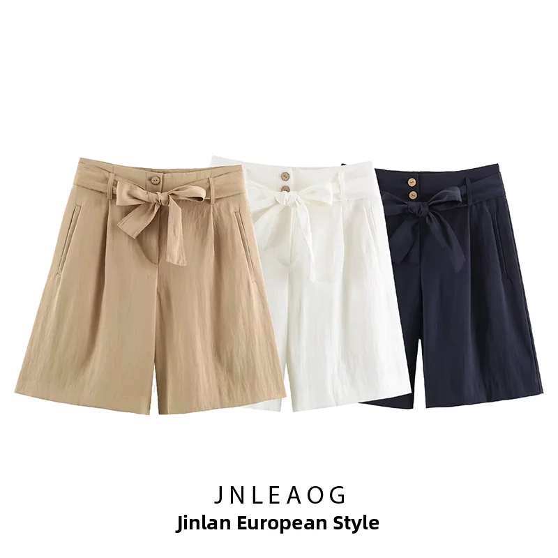 JNLEAOG Summer New Fashion Women's Shorts with  Knot Waist Belt Wide Leg Pants Natural Waist Polyester Fiber