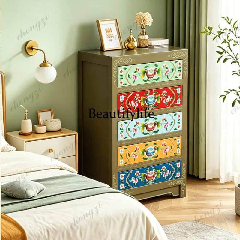 Traditional Chinese Painted Floral Five-Drawer Cabinet Living Room Storage Cabinet Large Capacity Drawer Storage Cabinet