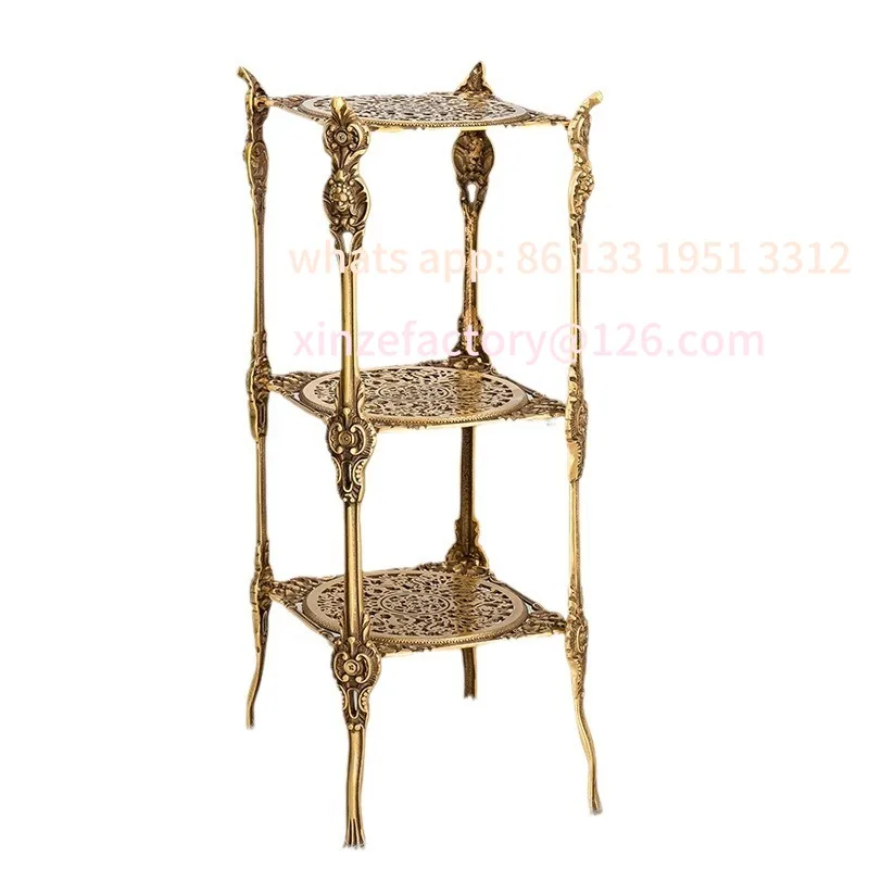 

Medieval flower stand retro brass carved shelf living room side table flower stand three-layer hollow storage rack edge few