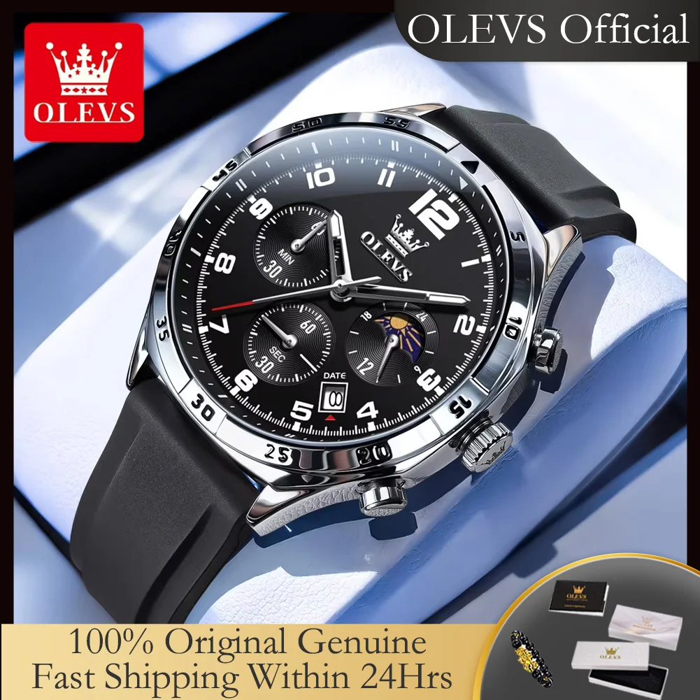 

OLEVS 2986 Men Watches Silicone Stap Chrongoraph 24 Hour Moon Phase Waterproof Quartz Man Watch Luxury Original Watches For Male