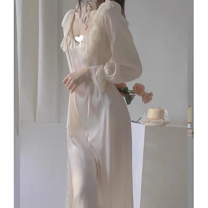 Sexy Sweet Female Long Nightdress Sleepwear Elegant Fairy Retro Palace Style Nightgown Home Dress Casual Thin Satin Loungewear