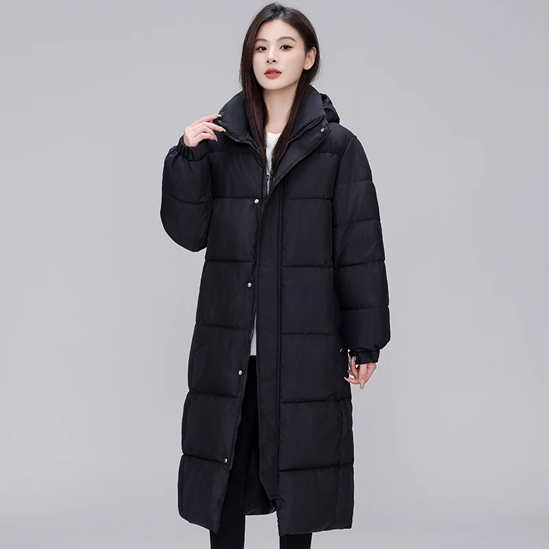 FIGOHR Women's Thick Down Cotton Jacket Solid Long Bread Jacket Warm Hooded Overcoat Female Loose Parka Coat 2024 Autumn Winter