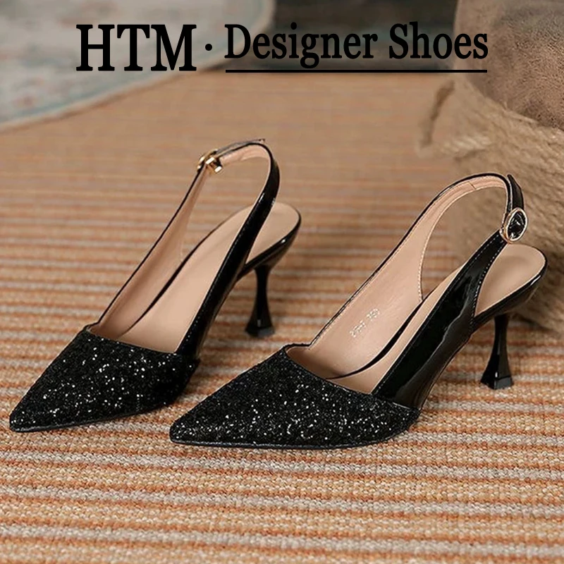 

Luxury Heels women's pumps One Strap Spliced Stiletto Sandals Autumn Pointed Toe Shallow Mouth Sequin Anti-Slip High Heels