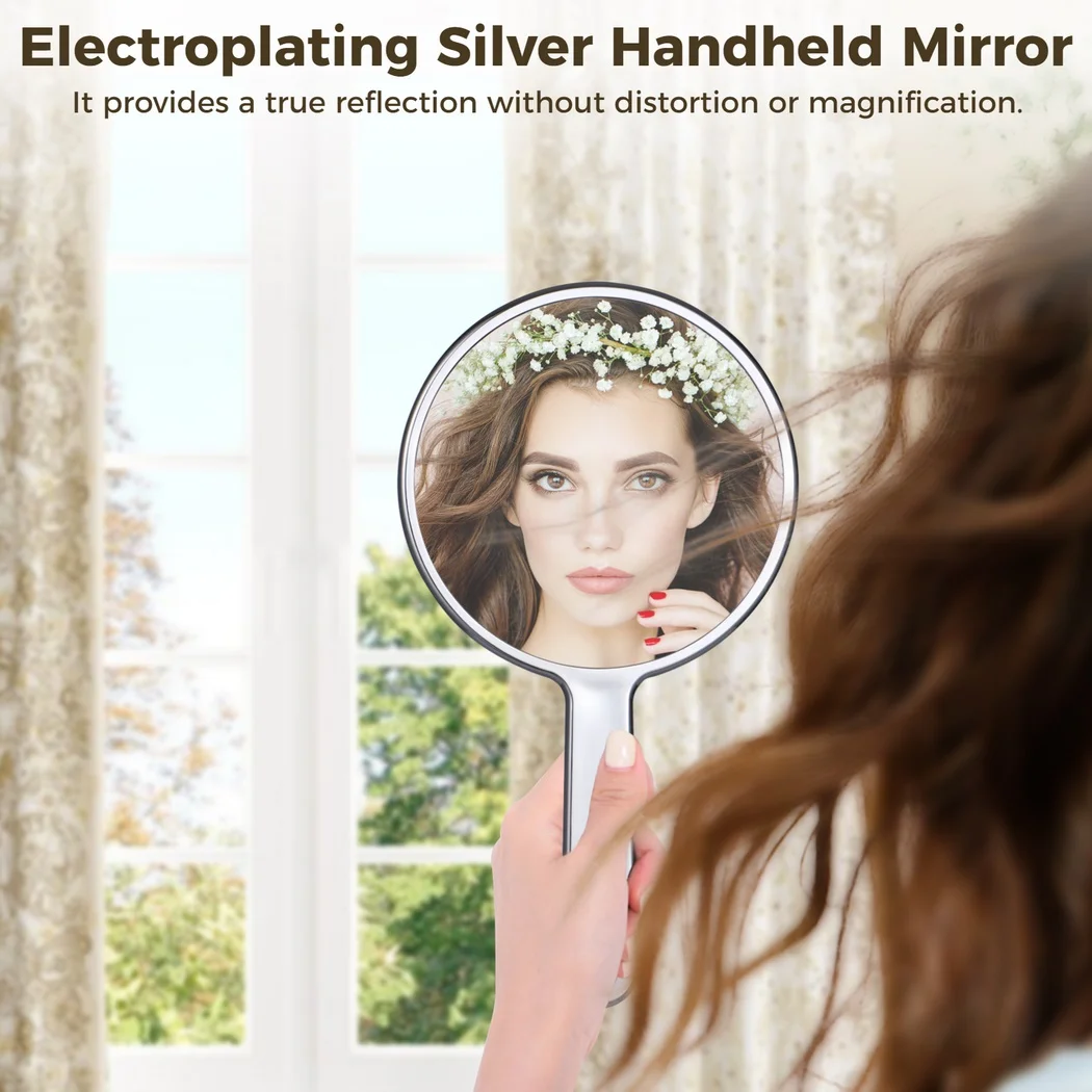 3PCS Electroplate Silver Handheld Mirrors Round Mirror With Handle Hand Mirror With Water Ripple Frame Cosmetic Mirror For Home