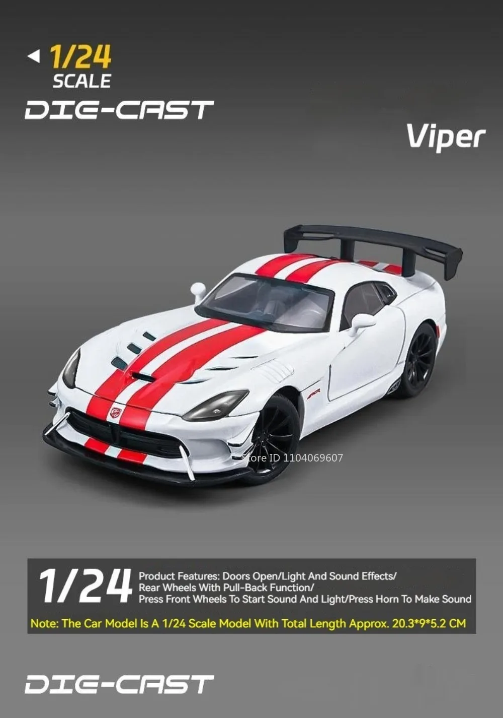 1:24 Viper Cobra Modellspielzeug, Sportwagen, Legierung, Druckguss, Ton, Licht, Türen geöffnet, zurückziehen, exquisite Innensammlung, Supercars – Detail 1