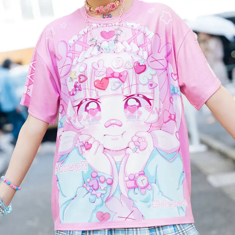 Sommerliches neues trendiges Mädchen-T-Shirt im Harajuku-Stil, Familien-Partnerlook, locker sitzend, atmungsaktiv, kurze Ärmel, Y2K-Millennial-Mode