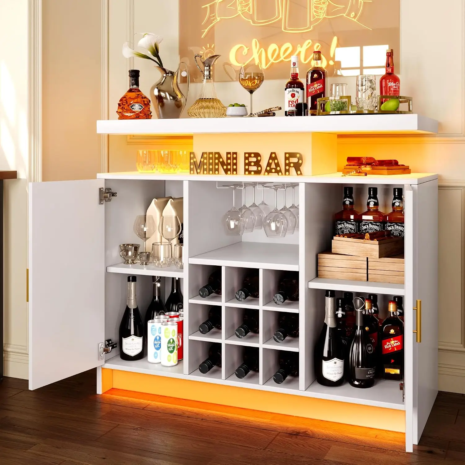 White Wine Cabinet Fluted Coffee Bar LED & Outlets Storage Kitchen Living Room, Customized