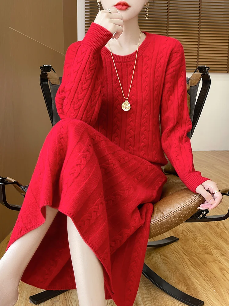 100% Merino Wool Two-piece Set Women Knitted Round Collar   Sweater Simple Cosy Loose Autumn Winter Pullover A-line Skirts Suit