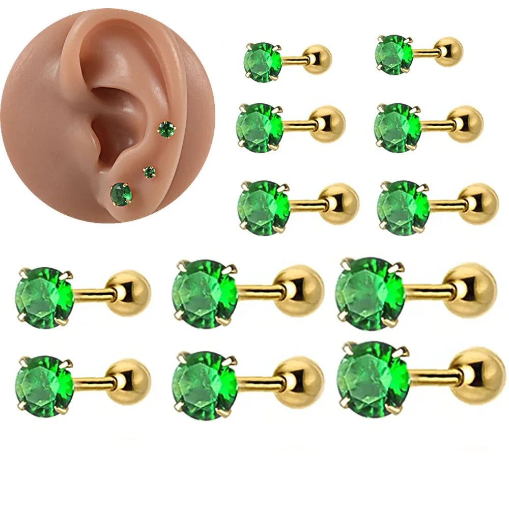 1/2pcs Stainless Steel Green Zircon Golden Color Ear Tragus Helix Bar Cartilage Ear Earring Stud Piercing Body Jewelry