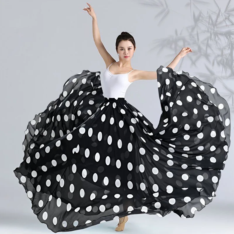 Saia de cintura alta para dança clássica flamenco, 720 graus, roupas de dança, bolinhas, saia estampada, roupa de performance de palco de dança