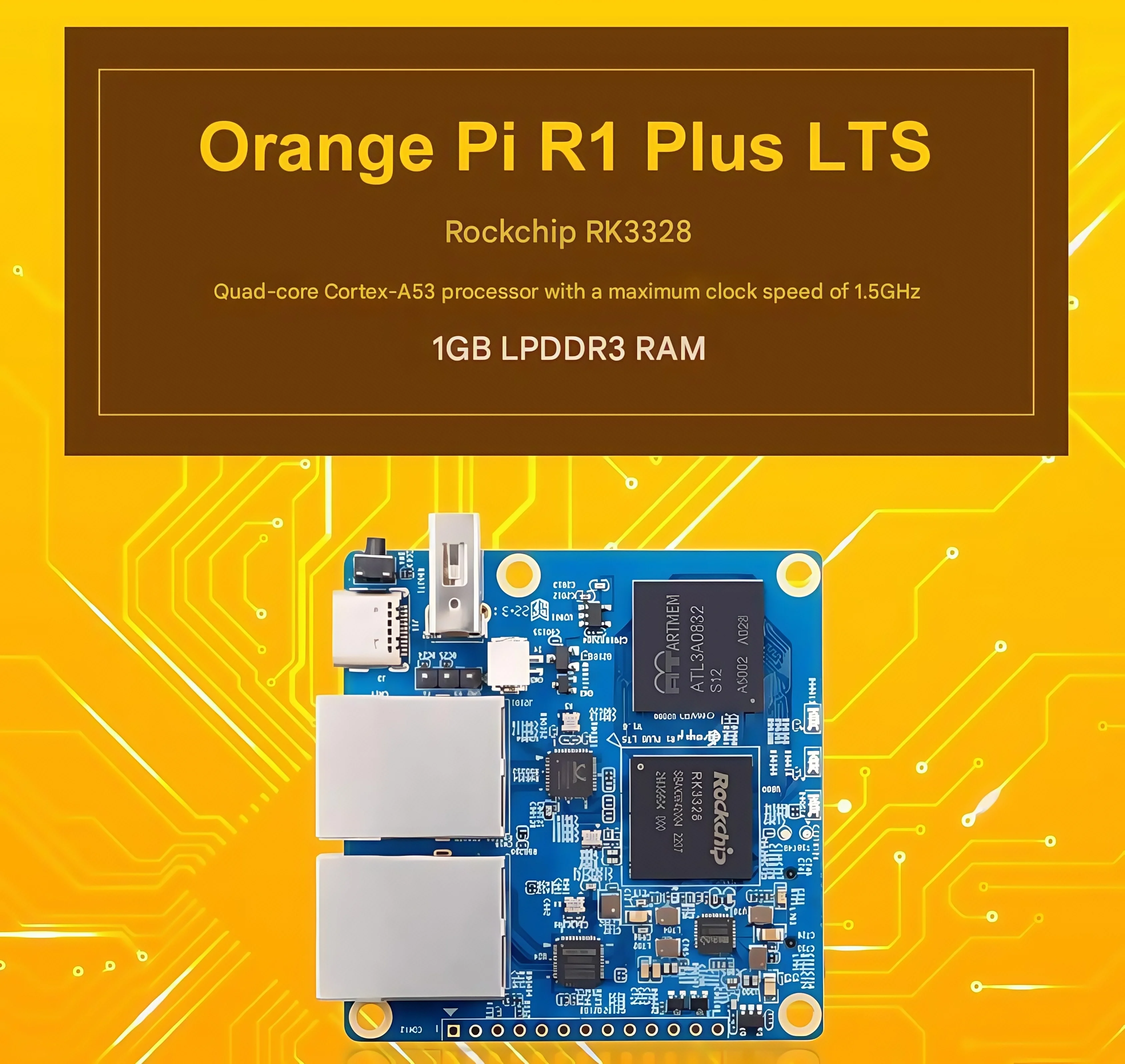 TopElec Orange Pi R1 Plus LTS development board, dual Gigabit Ethernet soft router, RK3328 processor.
