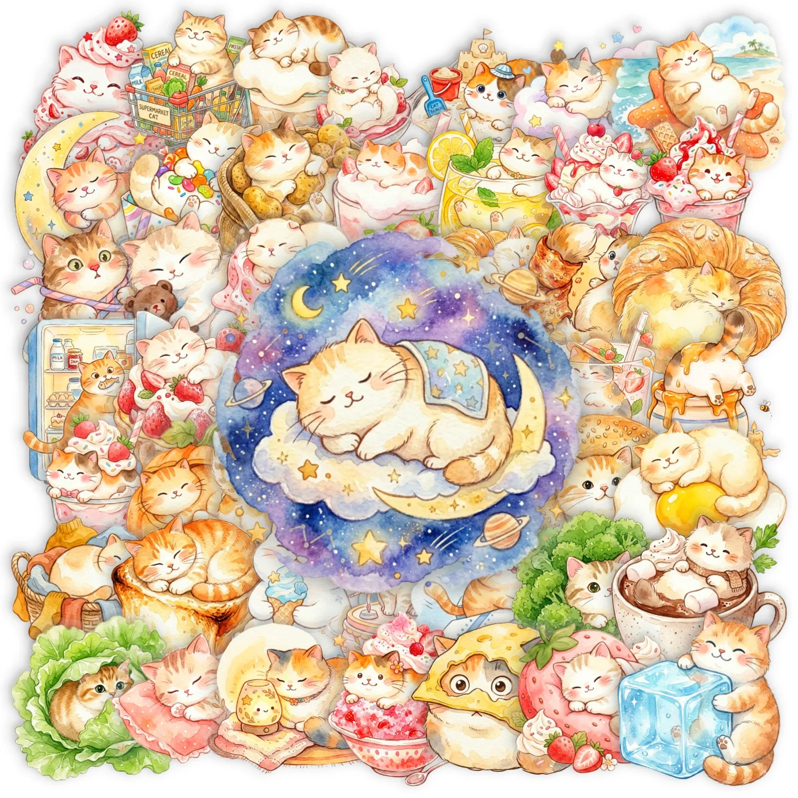 50 PCS Watercolor Cat Stickers Creative Cute Daily Waterproof Decorative Pet Accessories Fun Adorable Cat-Themed Decals