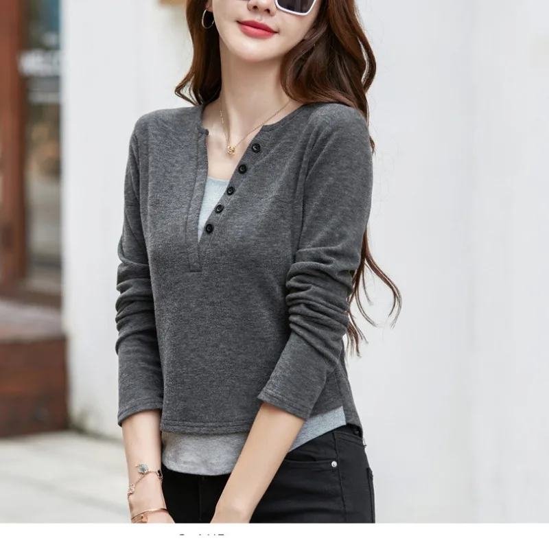 Spring Autumn Women\'s Pullover Hooded V-Neck Solid Button Patchwork Long Sleeve Undershirt T-shirt Office Lady Elegant Tops