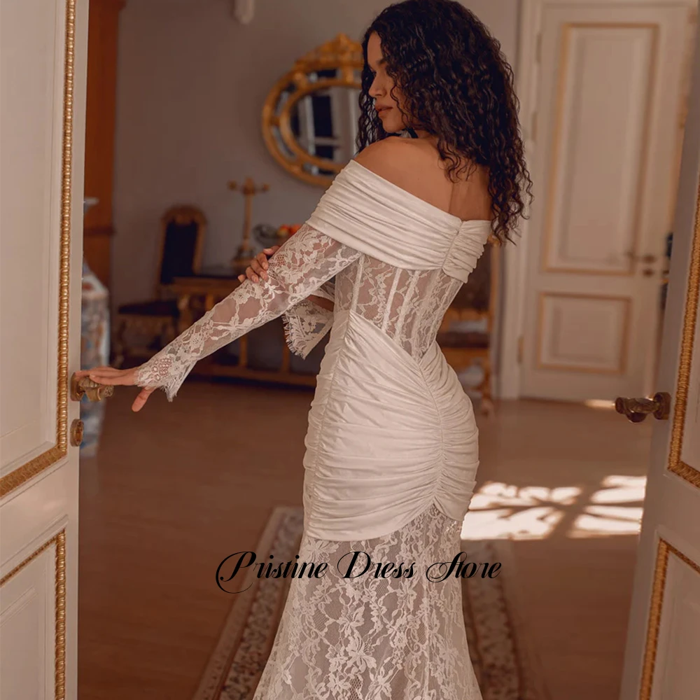 Элегантное кружевное свадебное платье русалки, женское свадебное платье с открытыми плечами и шлейфом, индивидуальное плиссированное сексуальное свадебное платье без бретелек
