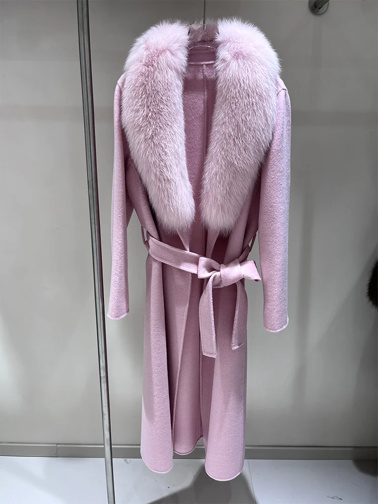 2025 Real Fox Fur Collar Winter Jacket Women Natural Wool Blends Long Coat Double Breasted Belt Warm Streetwear New Fashion