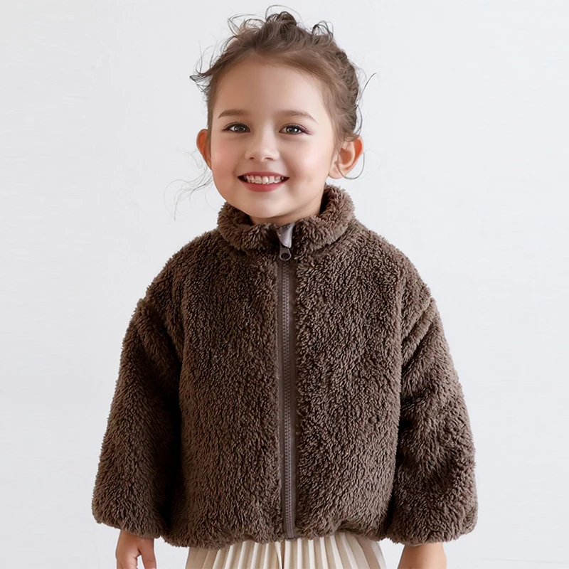 

Winter Lamb Fleece Jacket for Kids Chic Boys And Girls Half High Collar Long Sleeve Zipper Cardigan Casual Baby Coats Overcoat