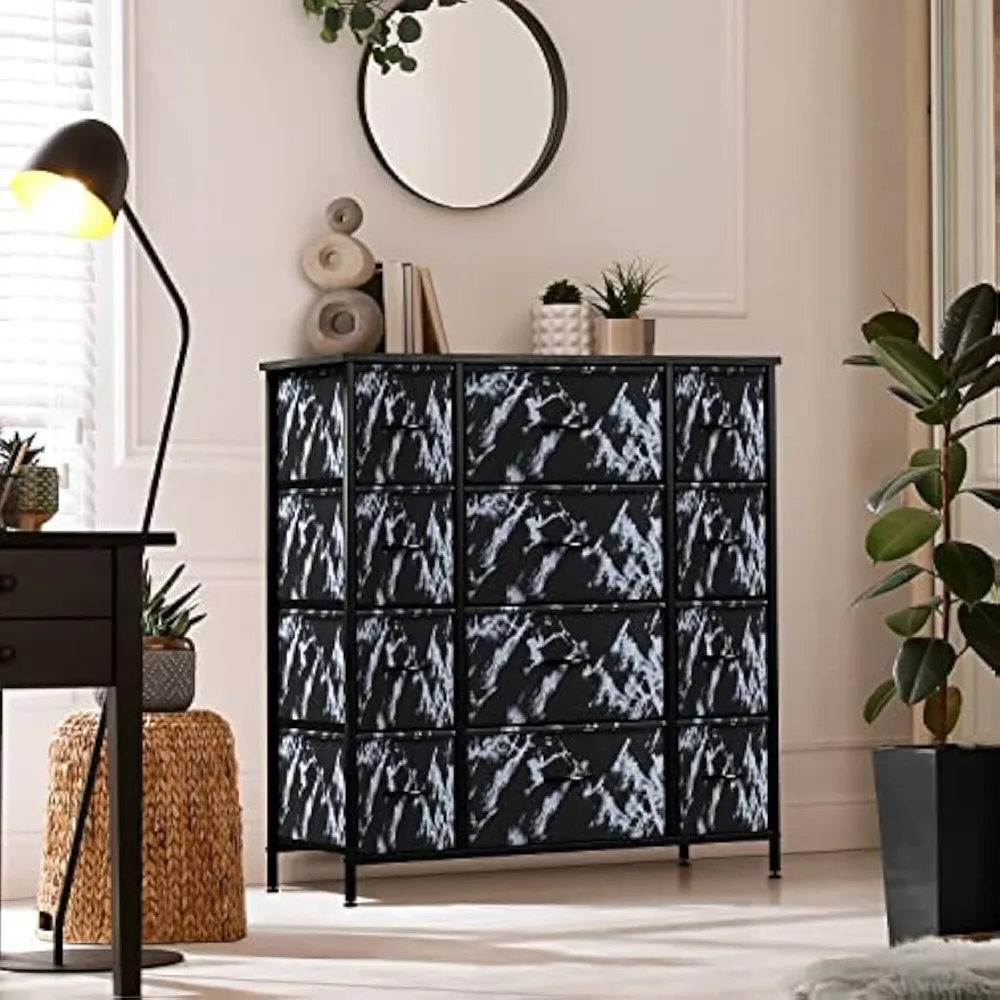 Commode Sorbus à 12 tiroirs : cadre en acier, dessus en bois et bacs en tissu pour le rangement des vêtements