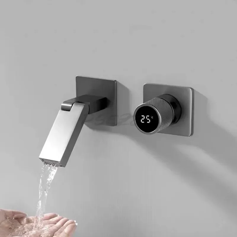 All Copper Concealed Folding Digital Waterfall Hot and Cold Basin Faucet Embedded Hot Melt Pre Embedded Table Basin Faucet