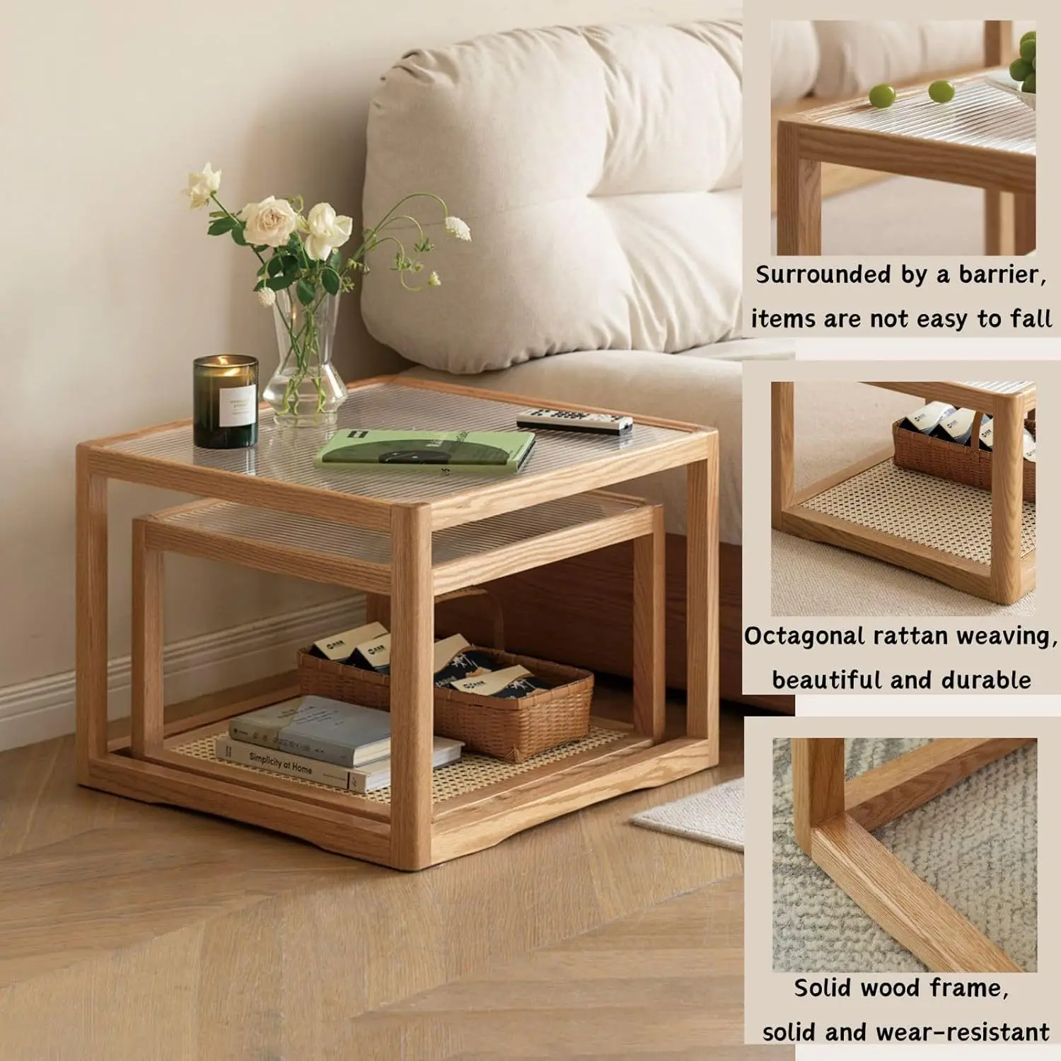 Coffee table oak modern living room square coffee table living room nesting original wooden side table rattan