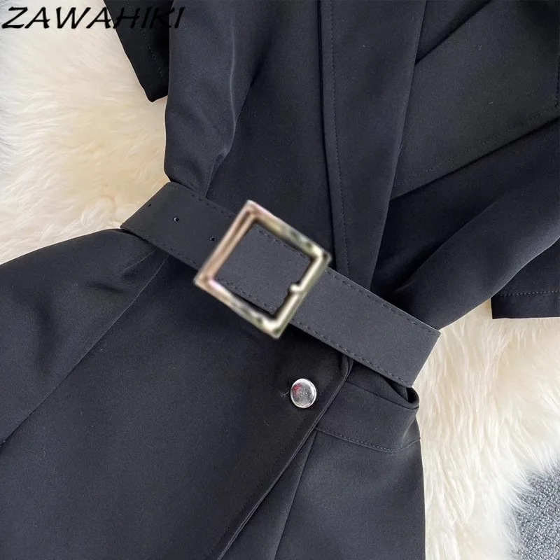 Korean Jumpsuit Women Temperament Turn Down Collar Suit Jumpsuits for Female Solid Bandage Ropa Mujer Office Lady Women Clothes